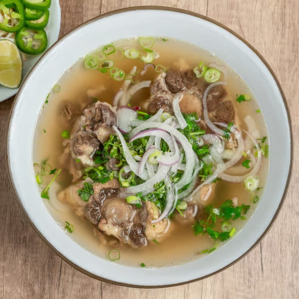 Oxtail pho with sliced onions, green onions, and cilantro, served with a side of jalapeños and lime.